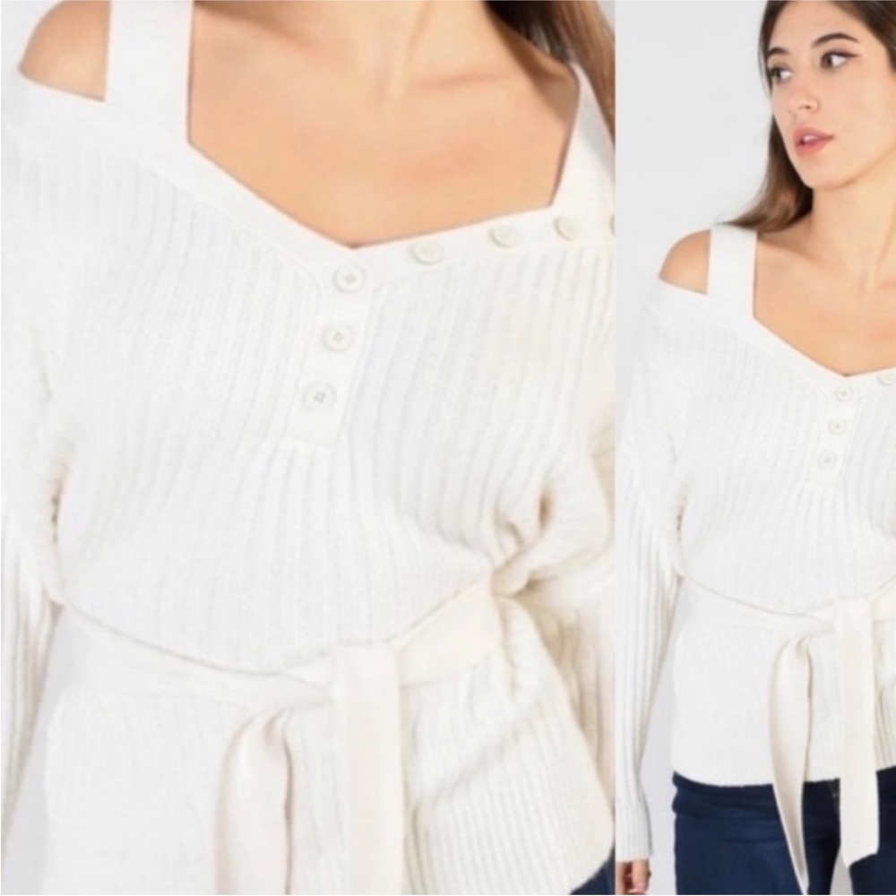 Derek Lam 10 Crosby Cold Shoulder Ribbed Knit Sweater in Ivory